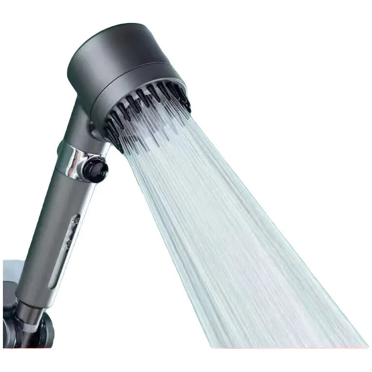 Portable ABS plastic shower head with third gear adjustment dial showing spray massage and rainfall settings