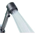 Portable ABS plastic shower head with third gear adjustment dial showing spray massage and rainfall settings