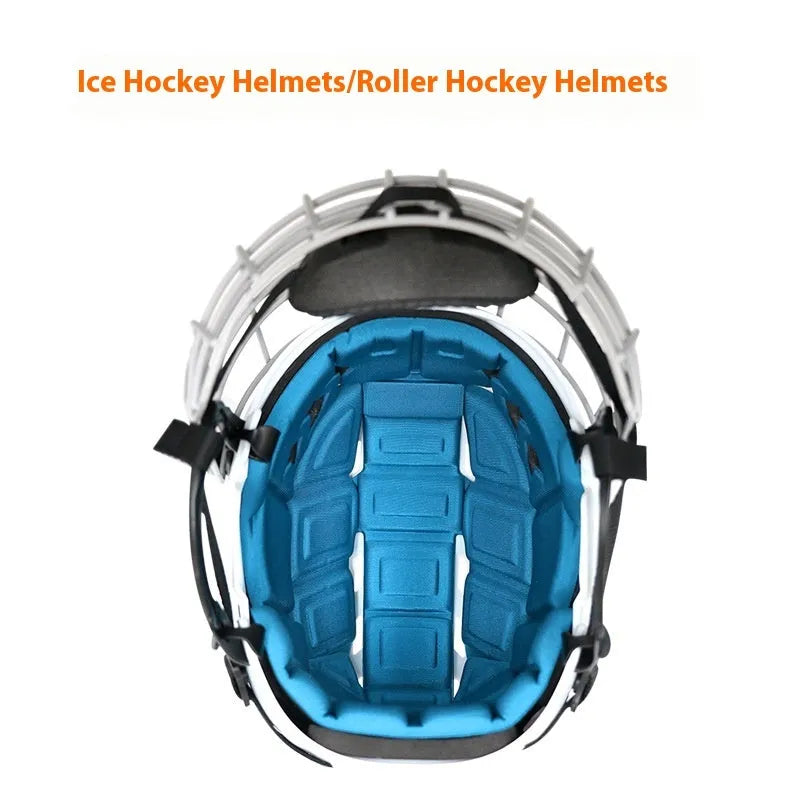Ice hockey helmet with carbon steel face mask for head protection in sizes S M L XL.