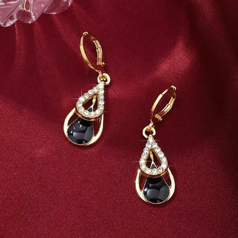 Light luxury diamond-inlaid drop hollow double-layer earrings in black oil drop colour for women