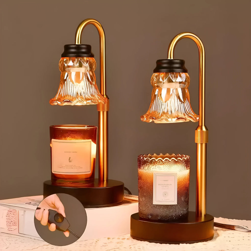 Lifting aromatherapy wax melting lamp with bamboo base, height 30.5cm
