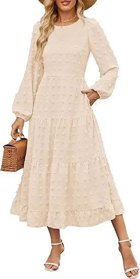 Women's beige long sleeve casual dress with ruffled sleeves and a high waist.