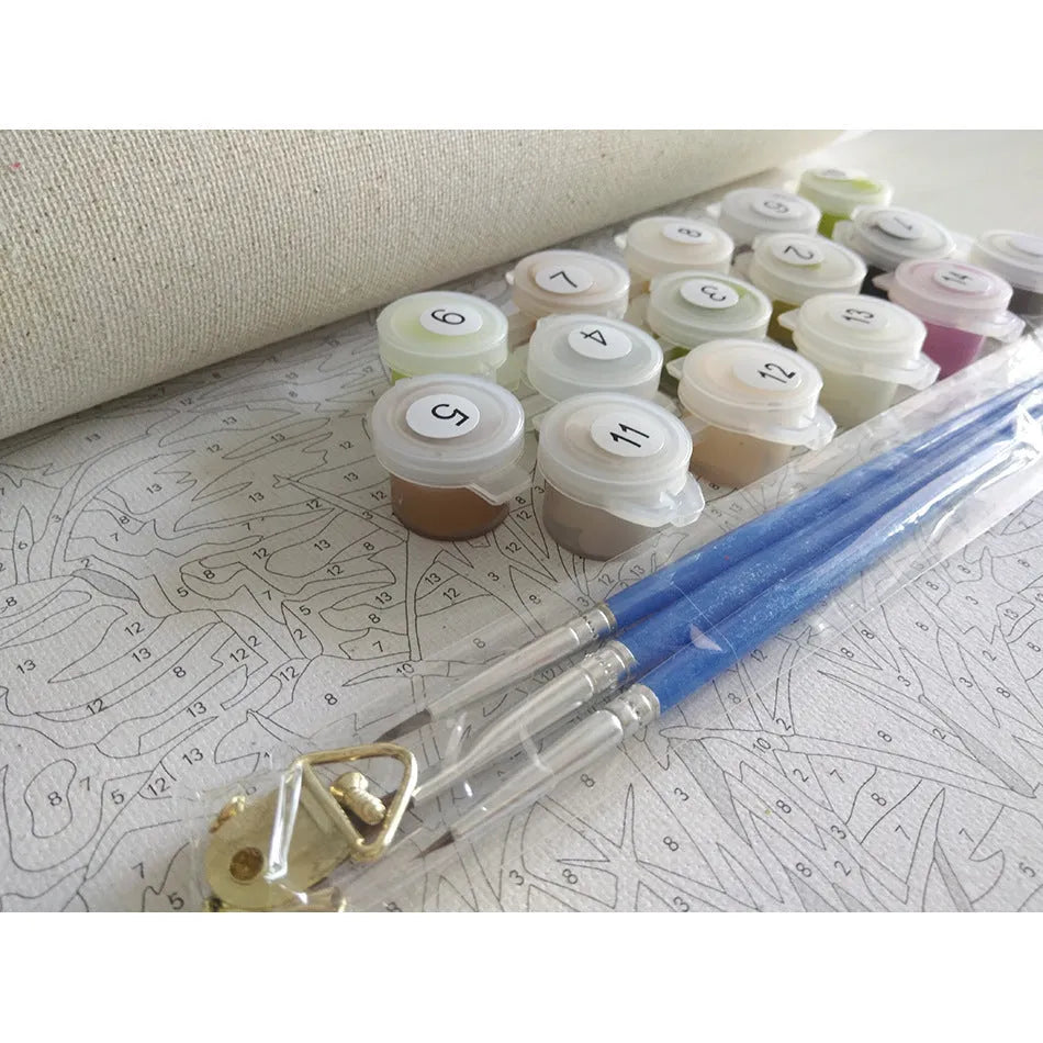 Paint by numbers landscape kit with 40x50cm linen canvas, acrylic paints, and optional frame