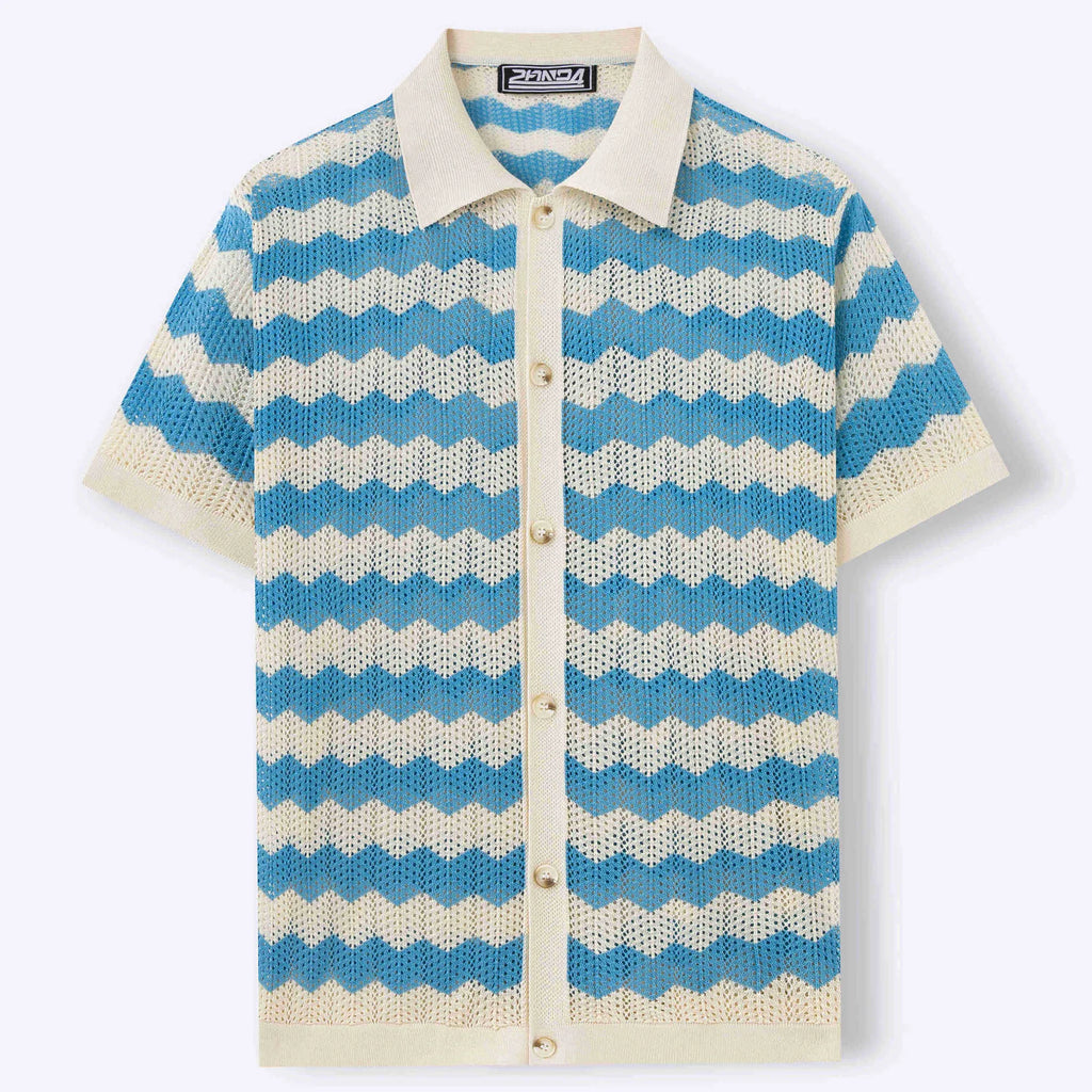 Short sleeve blue American-style sweater with hollow jacquard corrugated texture and flocking detail