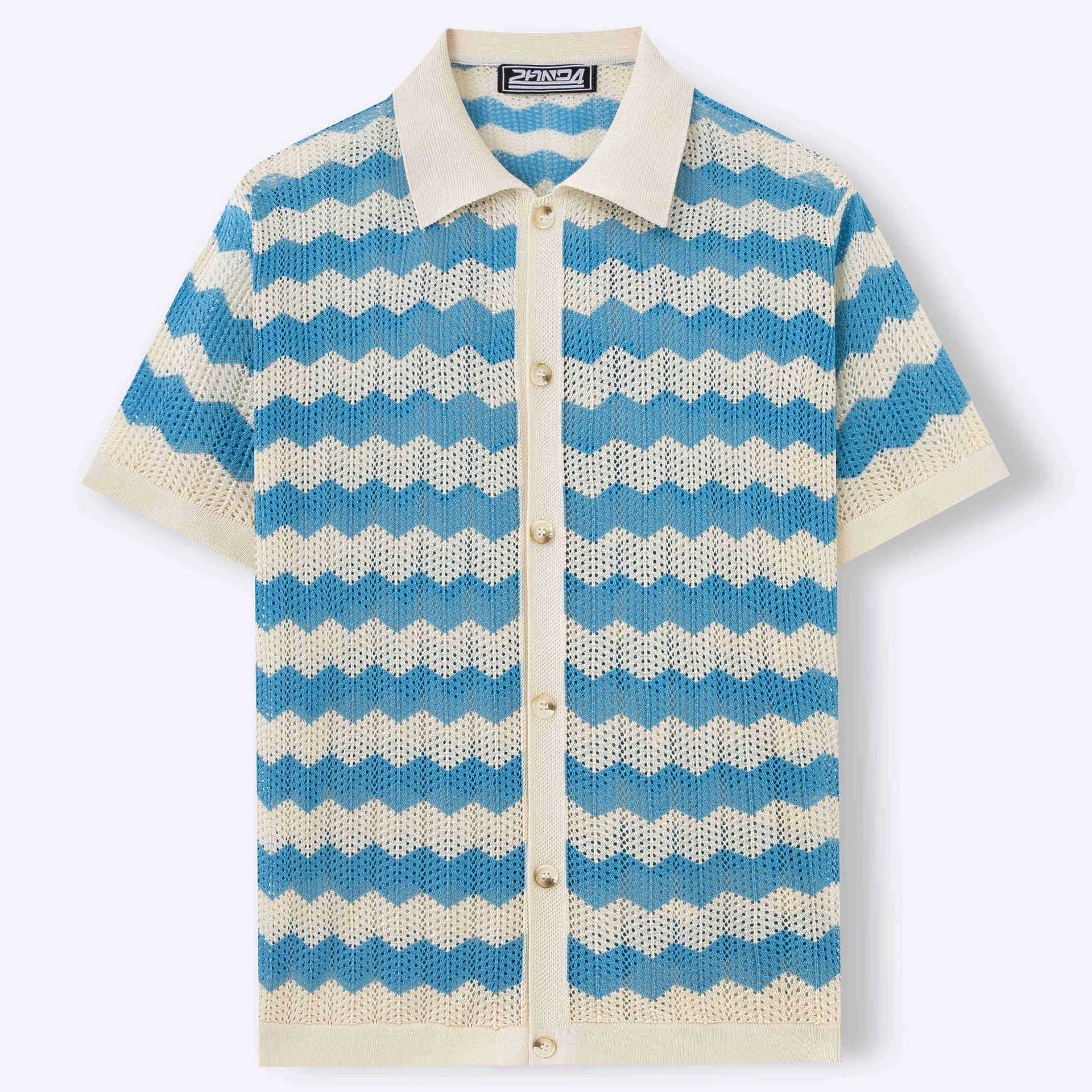 Short sleeve blue American-style sweater with hollow jacquard corrugated texture and flocking detail