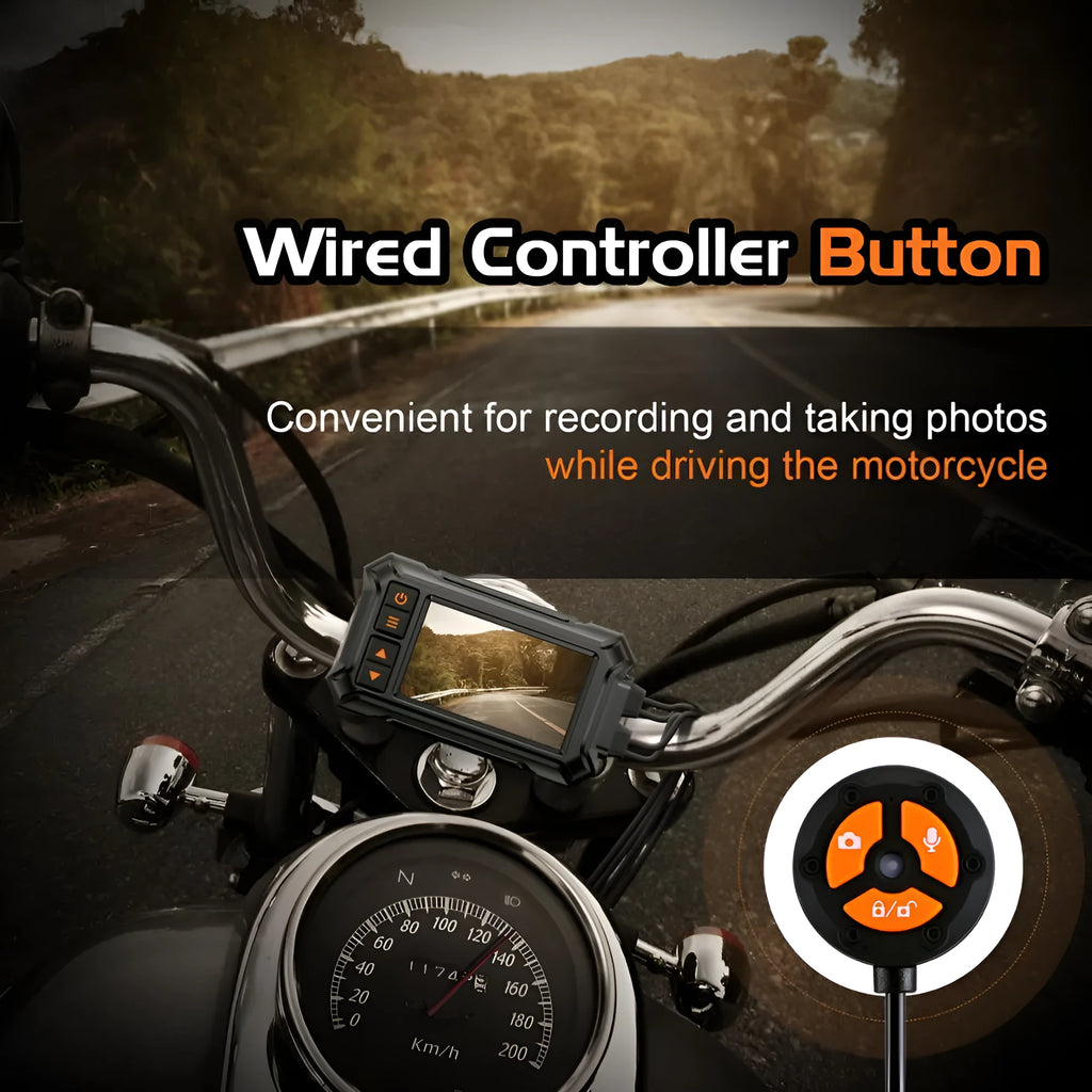 Motorcycle dash cam with dual lenses showing front and rear recording capability with GPS module