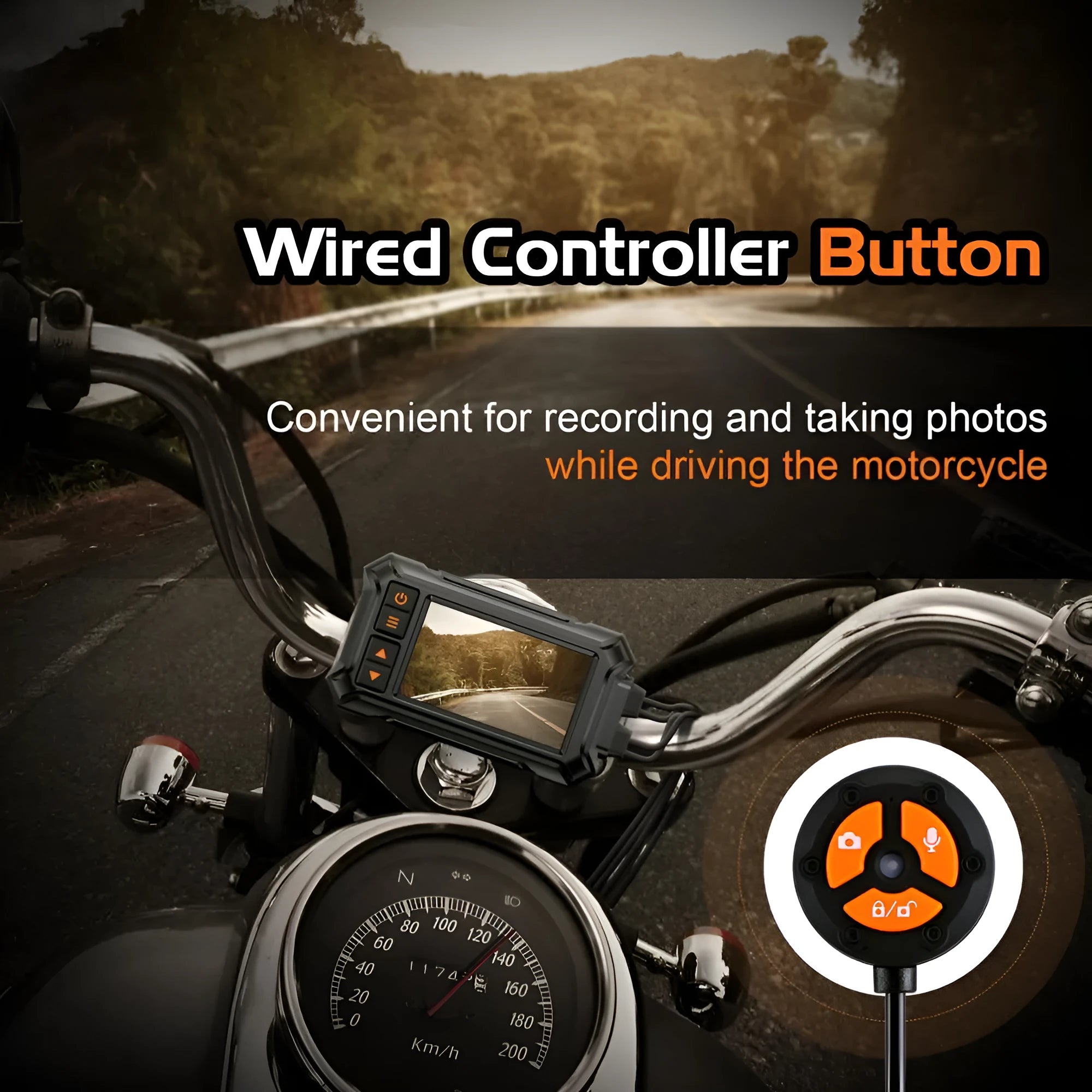 Motorcycle dash cam with dual lenses showing front and rear recording capability with GPS module