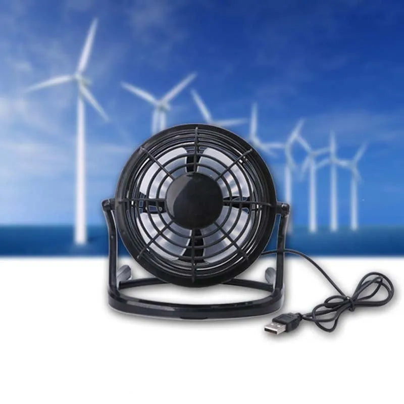 Mini USB desk fan with adjustable tilt angle in black, white, or blue colour options