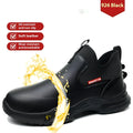 Men's black high-cut waterproof work shoes with a rubber anti-slip sole, shown on a plain background.