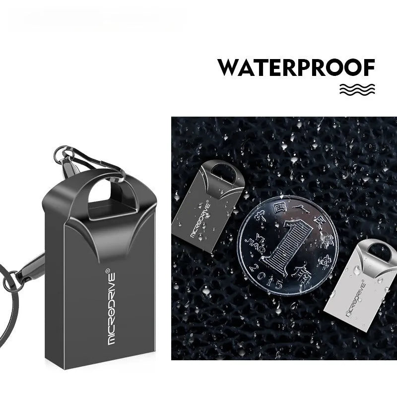 Compact black and silver metal USB flash drive showing mini size and high-speed capacity options.