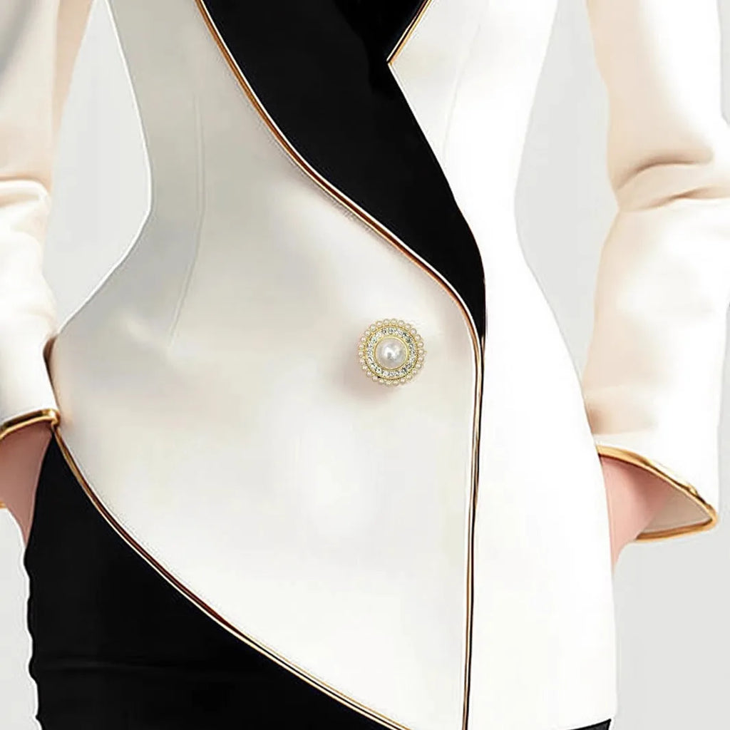 Women's beige irregular long sleeve coat with golden pearl buttons