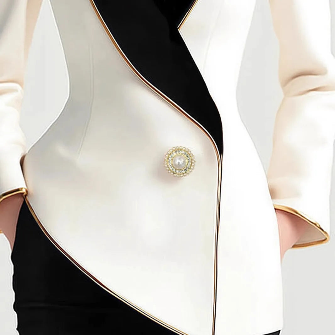 Women's beige irregular long sleeve coat with golden pearl buttons