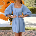 Children's backless dress with square collar and puff sleeves in solid colour