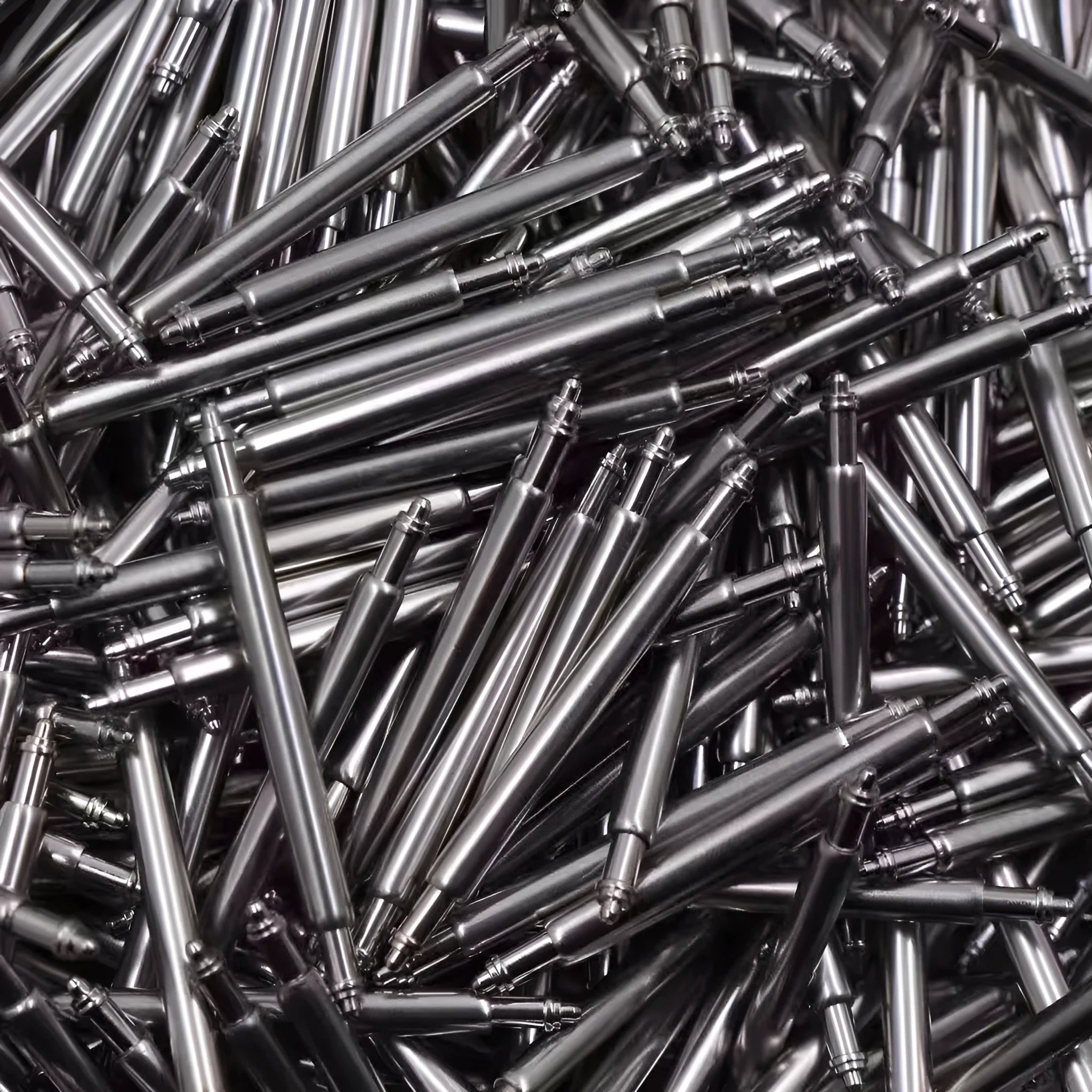 Watch repair parts set showing bolts, auricular needles, springs, and shafts in sizes 21mm to 26mm