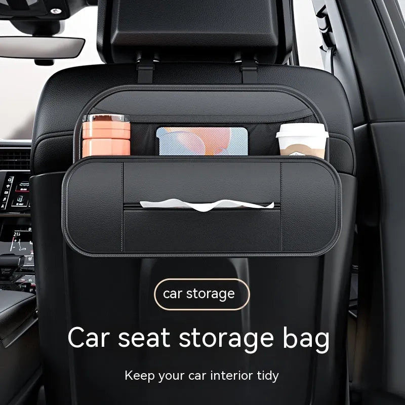 Black leather car seat rear storage bag with adjustable dividers for vehicle organisation
