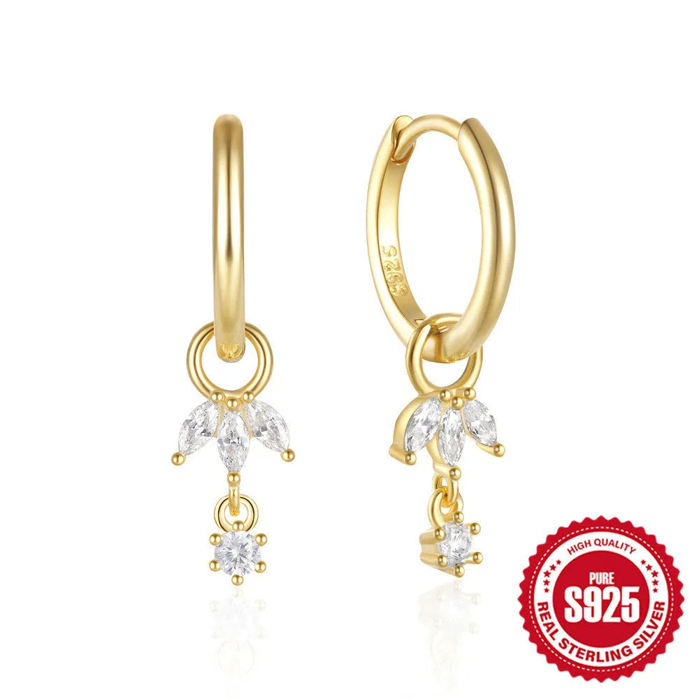 S925 sterling silver women's earrings with geometric sunflower design and golden zircon inlay.
