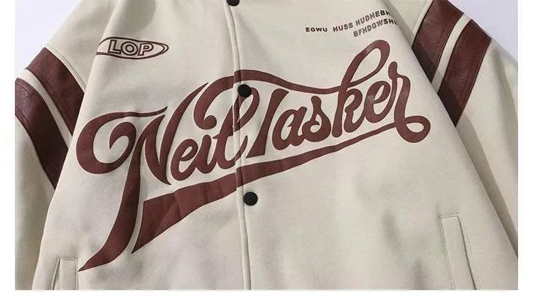 Unisex loose-fit baseball jacket with stand-up collar in colour-block design, 95% polyester, available in black khaki lake blue