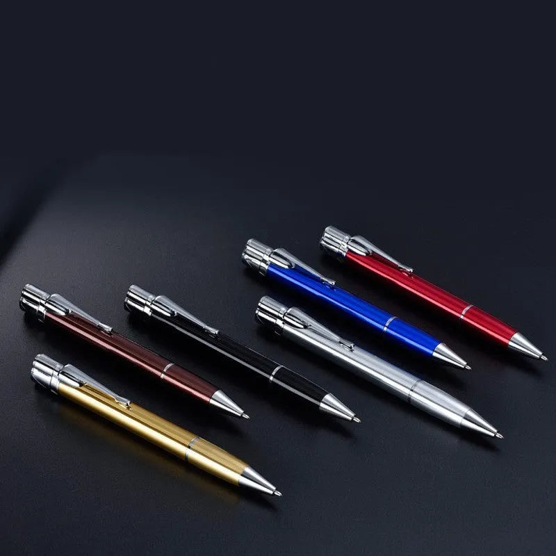 A slim metal pen-style jet flame lighter in a choice of colours, shown with a windproof blue flame.
