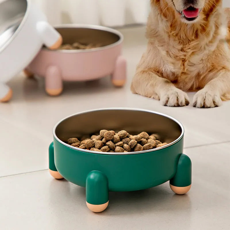 Green stainless steel pet bowl with a non-slip silicone ring and high foot for dogs and cats