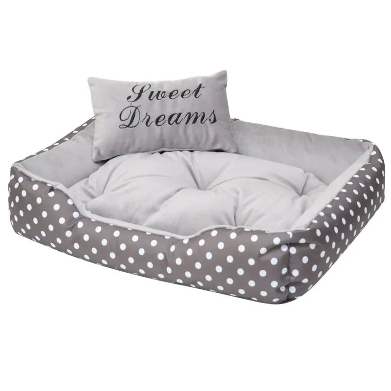 Polka dot print square dog bed with a matching removable embroidered pillow in a choice of four colours.