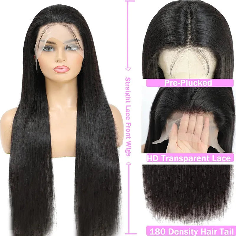A straight black human hair wig with a 13x6 lace front, shown in a long length option.
