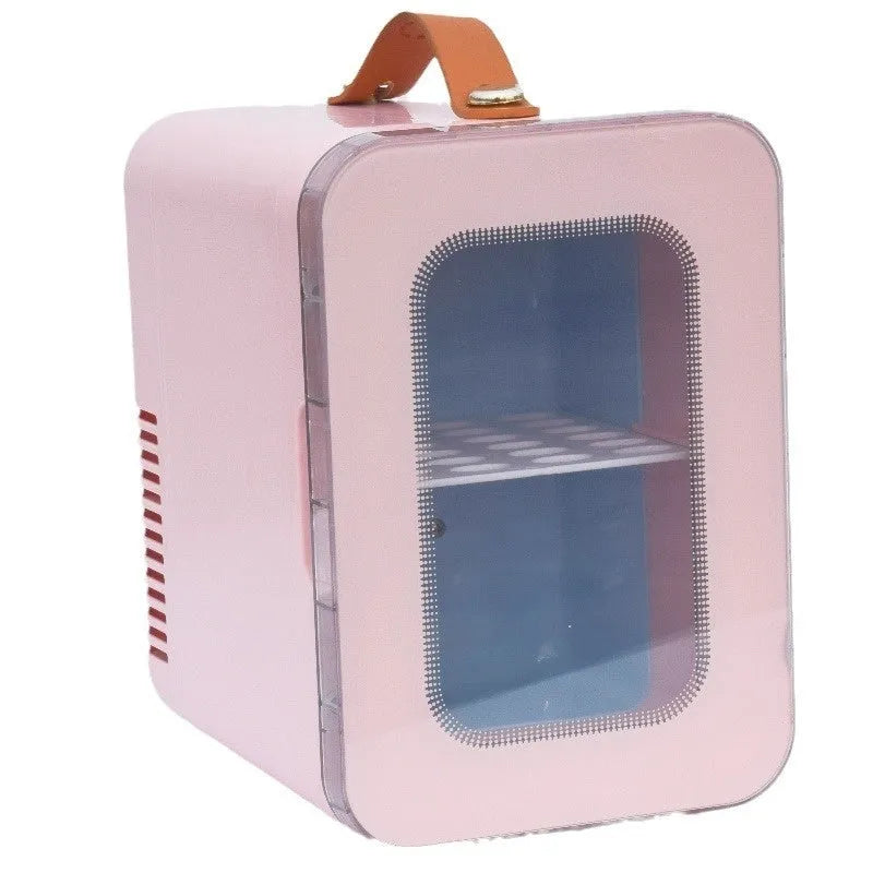 Pink mini refrigerator with transparent door showing dual hot and cold functionality for car and home use