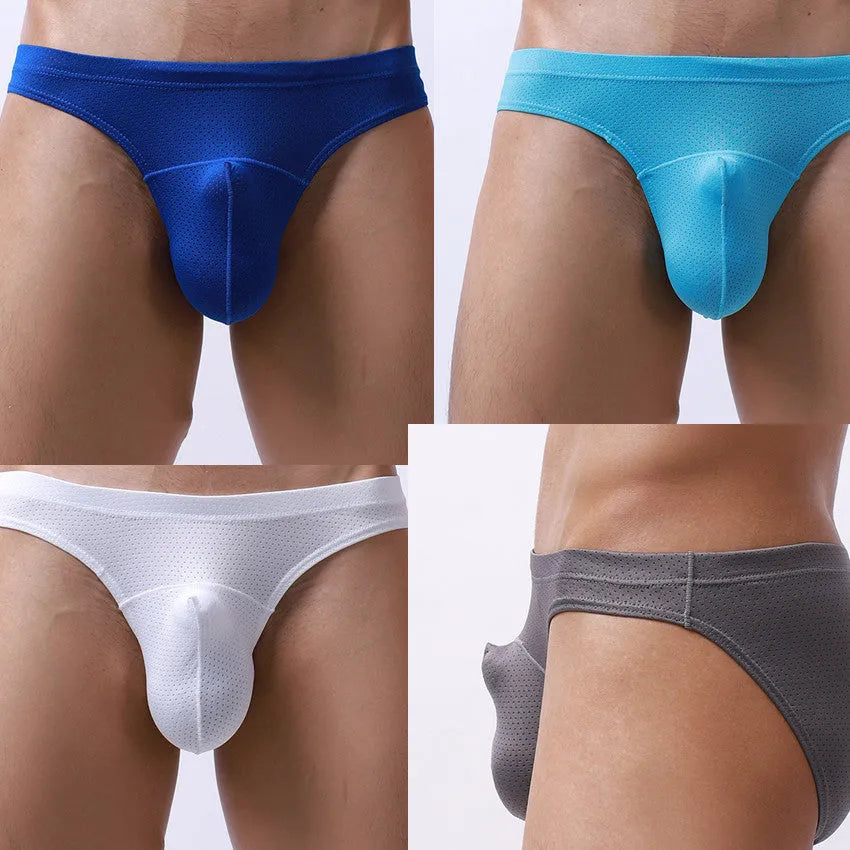 Men's transparent nylon underwear shown in multiple colours: white, blue, black, grey, sky blue.
