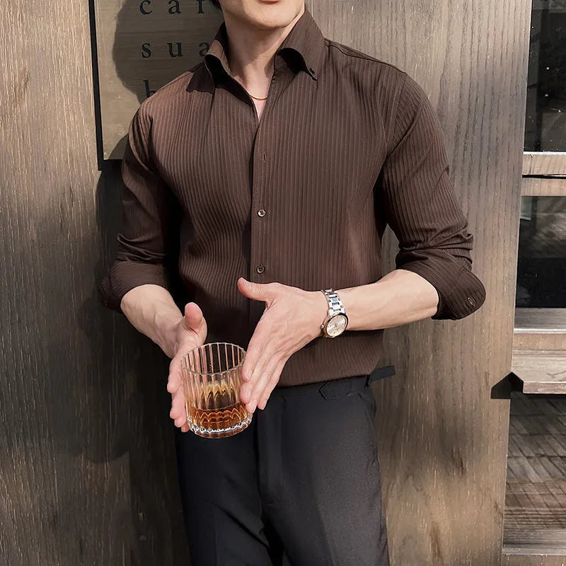 Men's dark stripes V-neck long sleeve shirt in black brown green white casual cardigan style