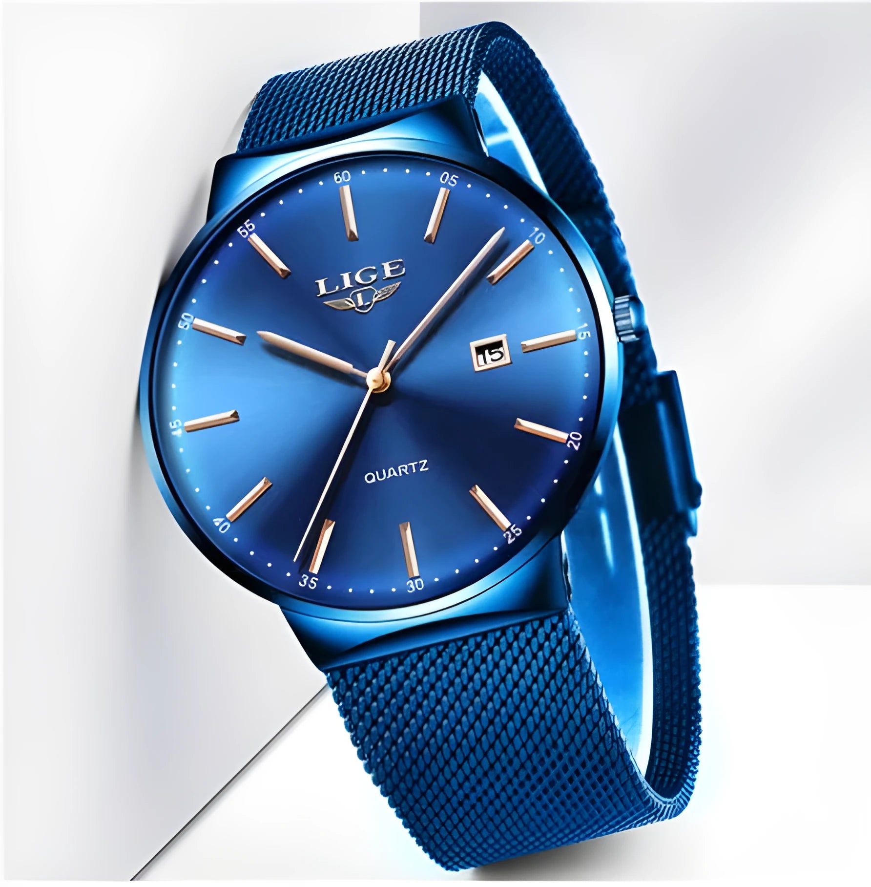 Men's stainless steel watch with 40mm dial on a strap, shown in black, blue, and two-tone colour variations.