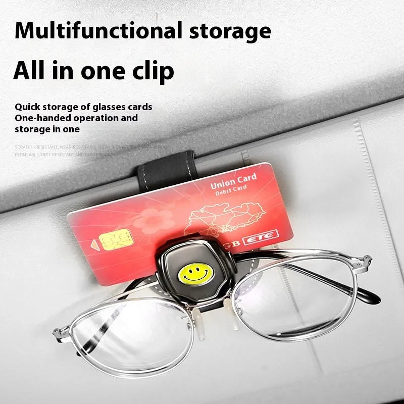 Suede multifunctional glasses clip on car sun louver, beige colour, holding sunglasses, compact 9.5 x 5.3 cm size