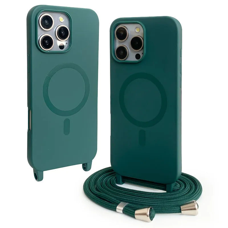 Magnetic lanyard phone case for iPhone in black with crossbody lanyard and protective edges