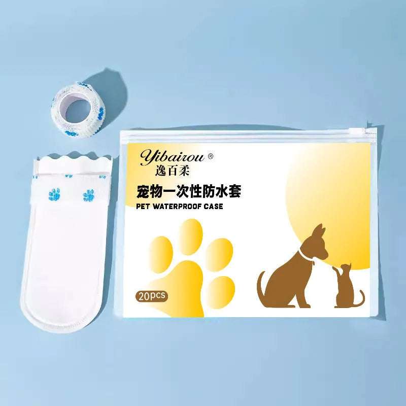White disposable waterproof shoe covers for pets with slip-resistant soles in S and M sizes