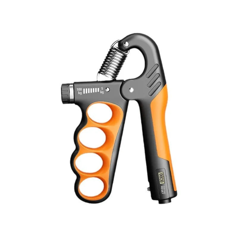 Electronic counter spring grip in orange, red, and grey colour options with digital display