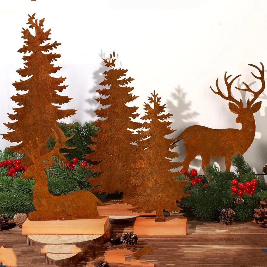 Set of three metal rusty Christmas tree elk decorations in American style for holiday display