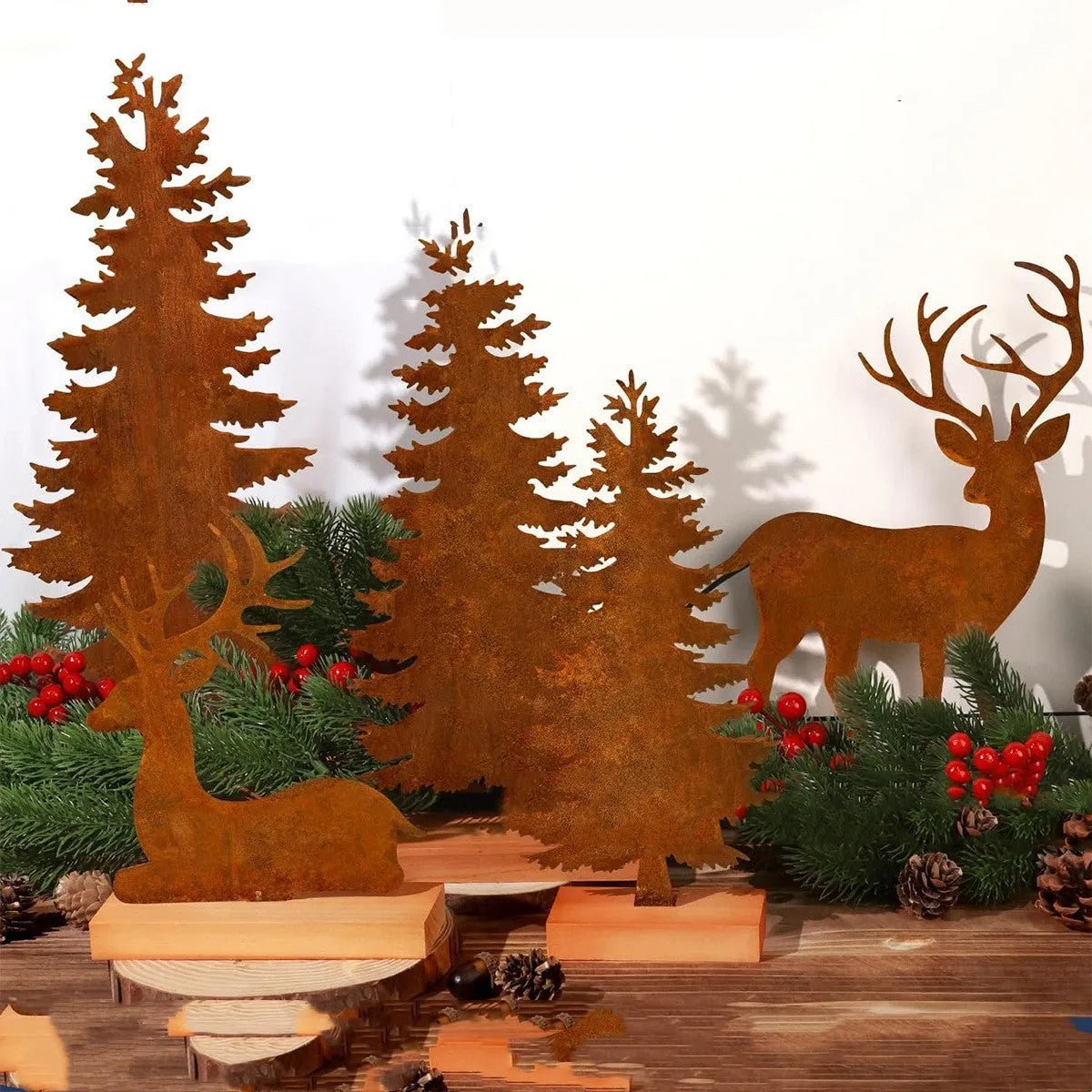 Set of three metal rusty Christmas tree elk decorations in American style for holiday display