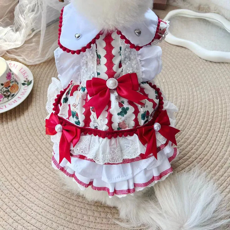 Rabbit skirt pattern princess style dog dress on a small dog, showing the fit and design.