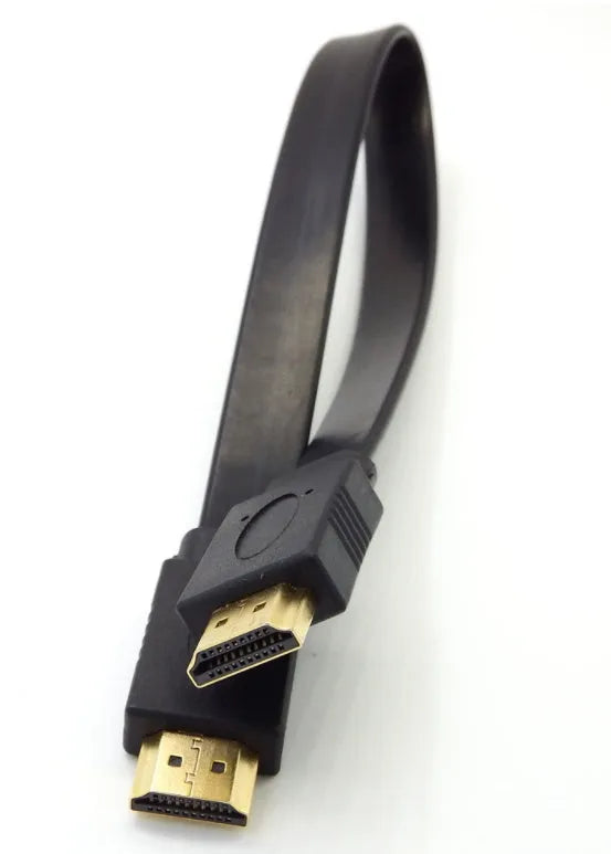 Flat plug HDMI cable shown at different lengths for TV and computer monitor connection.