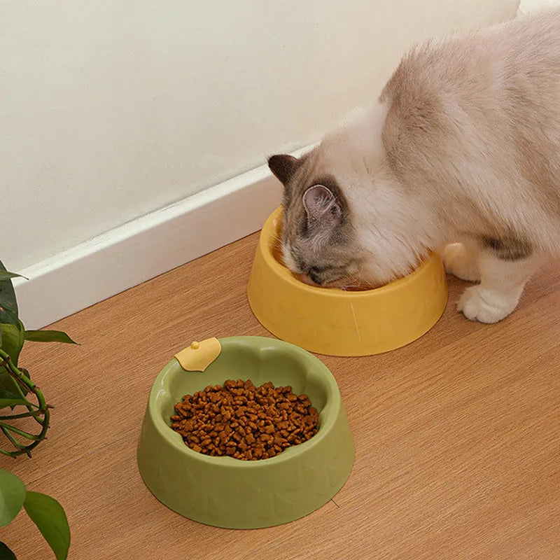 Green plastic double pet bowl with flower shape and separate food and water compartments.