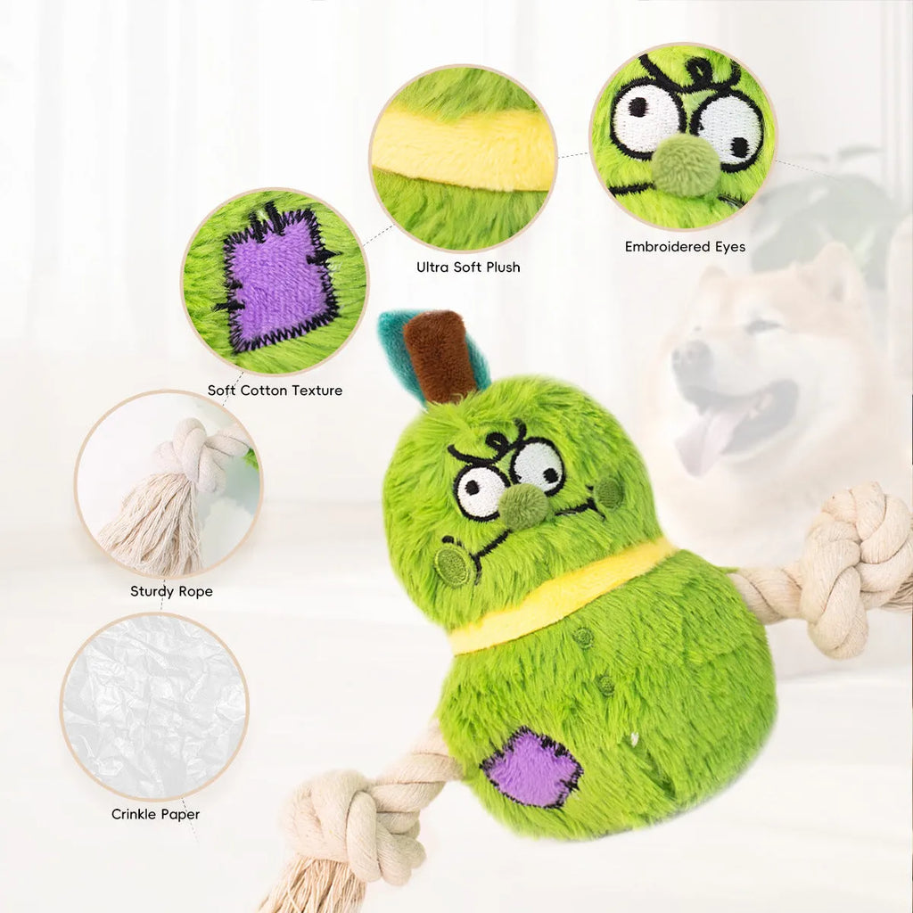 Green and purple interactive dog toy showing a plush rope knot and a molar tooth design for tugging and chewing.