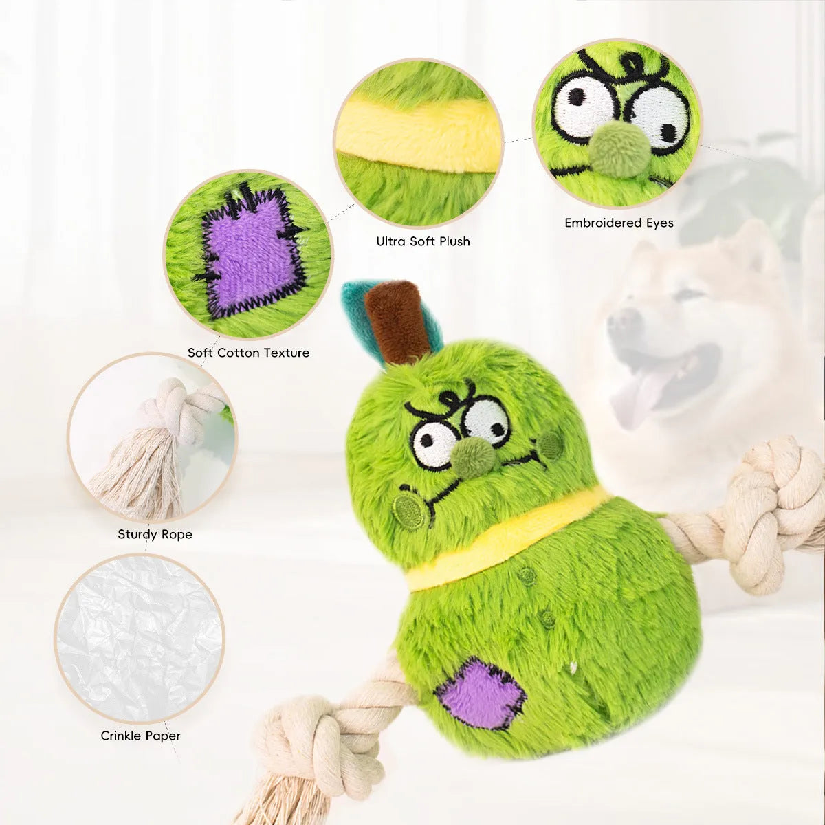 Green and purple interactive dog toy showing a plush rope knot and a molar tooth design for tugging and chewing.