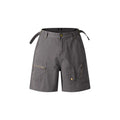 Retro style loose fit workwear shorts in washed cotton cloth, shown in grey, green, camouflage and blue colour options.