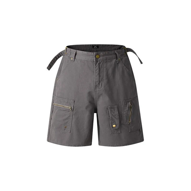 Retro style loose fit workwear shorts in washed cotton cloth, shown in grey, green, camouflage and blue colour options.