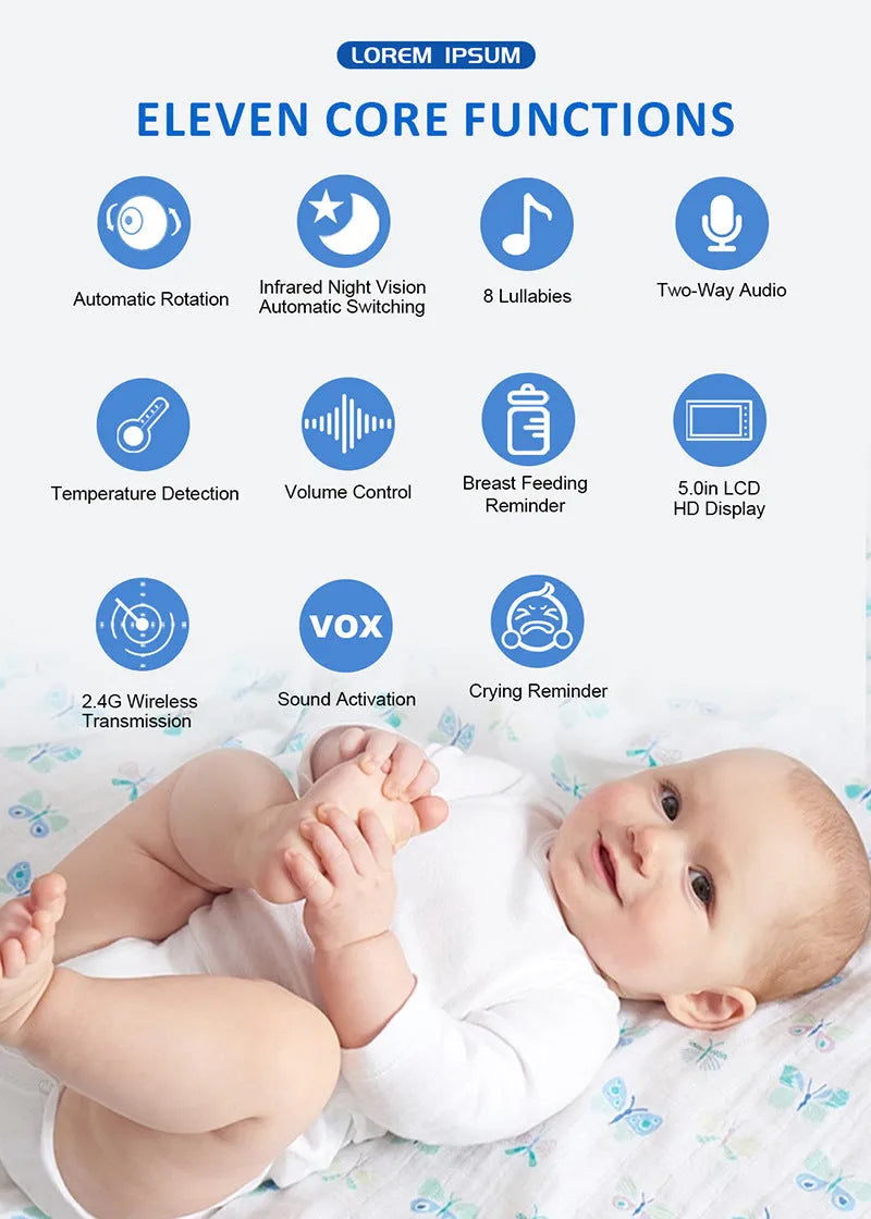 White wireless baby monitor with 5-inch screen showing baby room video