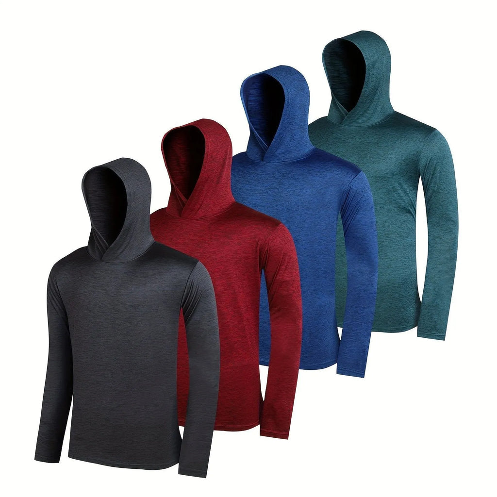 Men's lightweight polyester hoodie bundle in multiple colours, showing front view of hoodie with and without hood.
