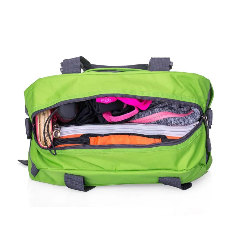 Nylon yoga and gym bag shown in multiple colours including black, blue, green, pink, purple, and red.