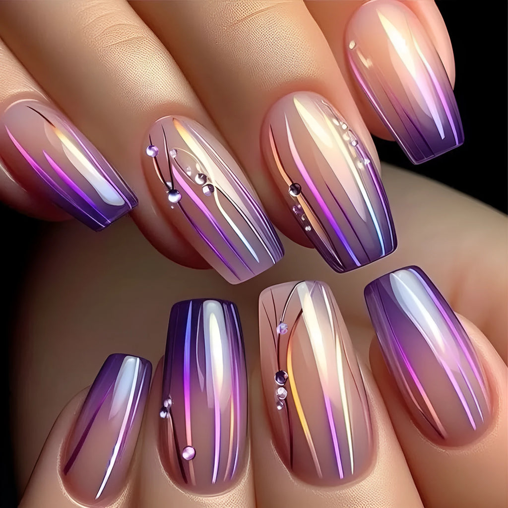 Magic purple gradient nail stickers with starry sky pattern and jelly glue bottle