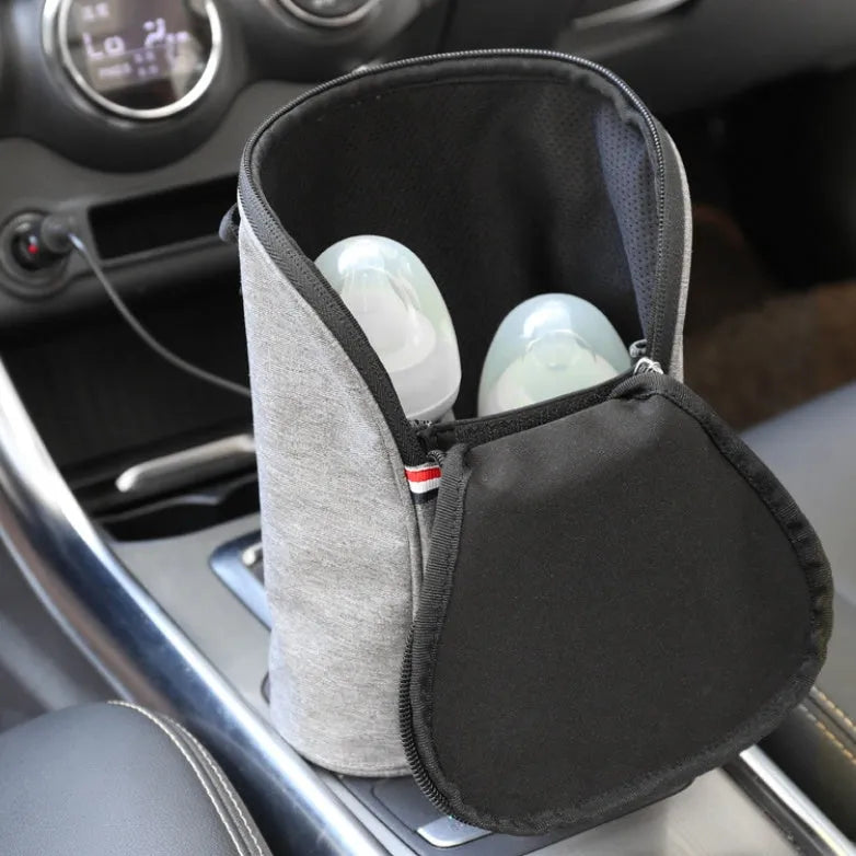 Grey Oxford cloth portable car USB baby bottle warmer showing dual-bottle capacity and electronic temperature display