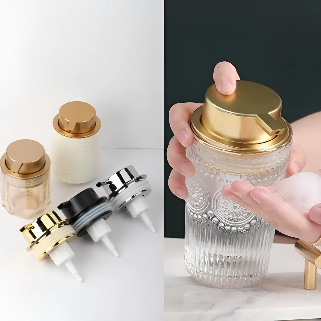 ABS plastic foam pump for facial cleanser in various metallic and matte colours.