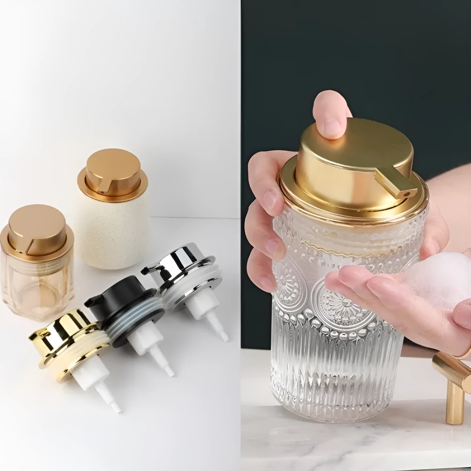 ABS plastic foam pump for facial cleanser in various metallic and matte colours.