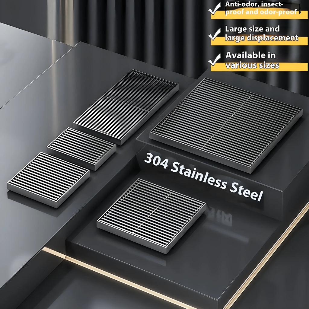 Gun grey 304 stainless steel courtyard floor drain with a 15x15 cm square grate.